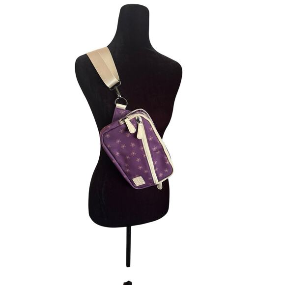RAD REV Purple Crossbody Sling Bag Floral Print Canvas Belt Bag Adjustable Strap - Picture 1 of 4